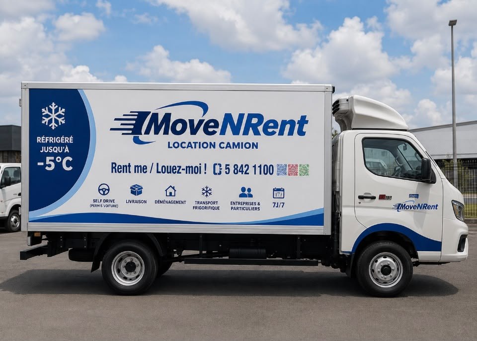 Camion frigorifique MoveNRent aux couleurs de la marque